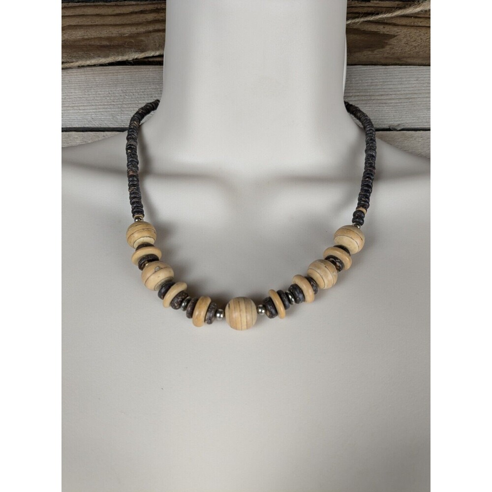Boho Chic Chunky Wood Bead Necklace Bold Ethnic Vintage Estate Barrel Clasp